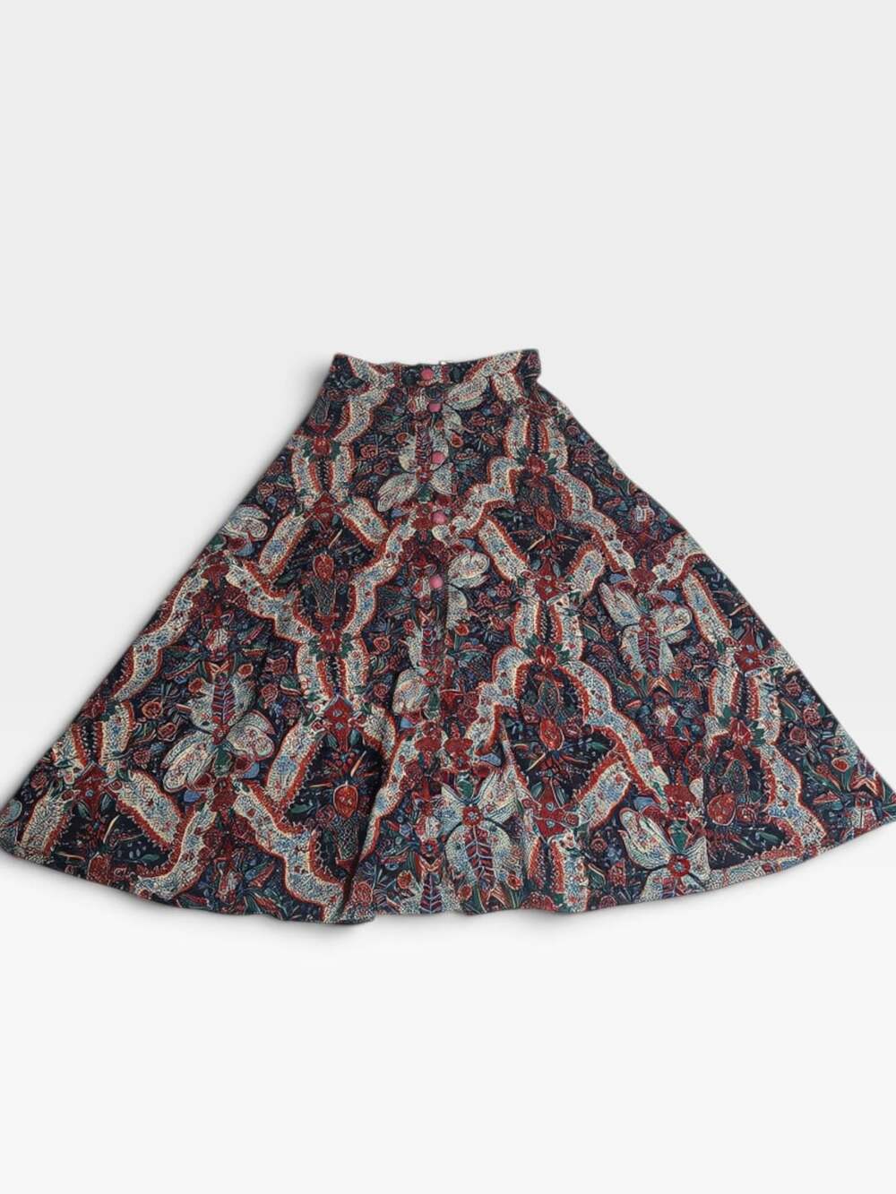 Vintage Tattoo of California Paisley Button Front Flare Midi Skirt Boho Folk